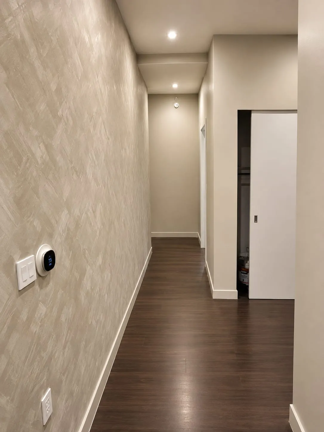 Real Top Notch project: hand-troweled plaster feature wall in a freshly remodeled Chicago hallway with dark hardwood floors