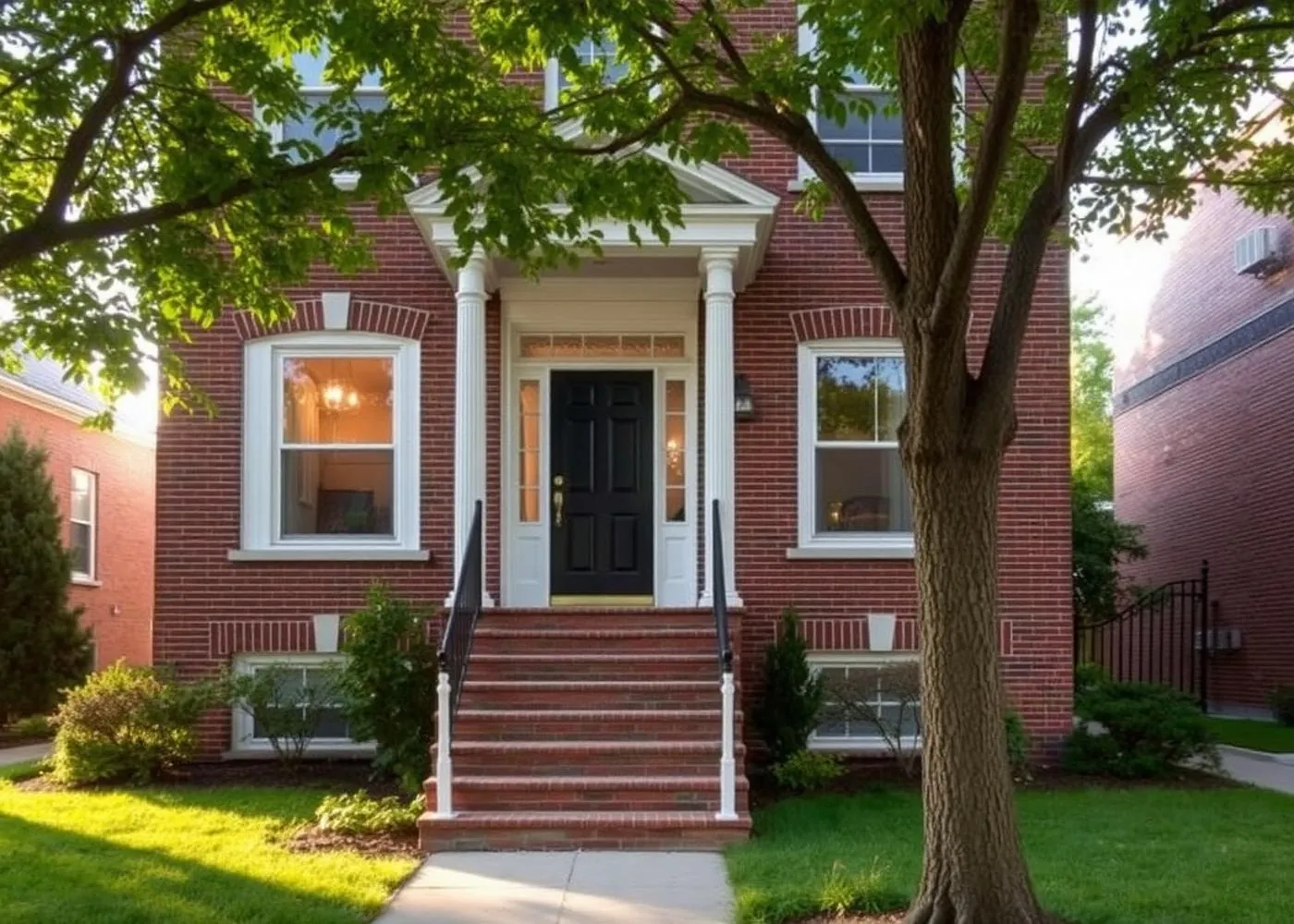 Chicago brick residential home with freshly painted white trim and dark front door