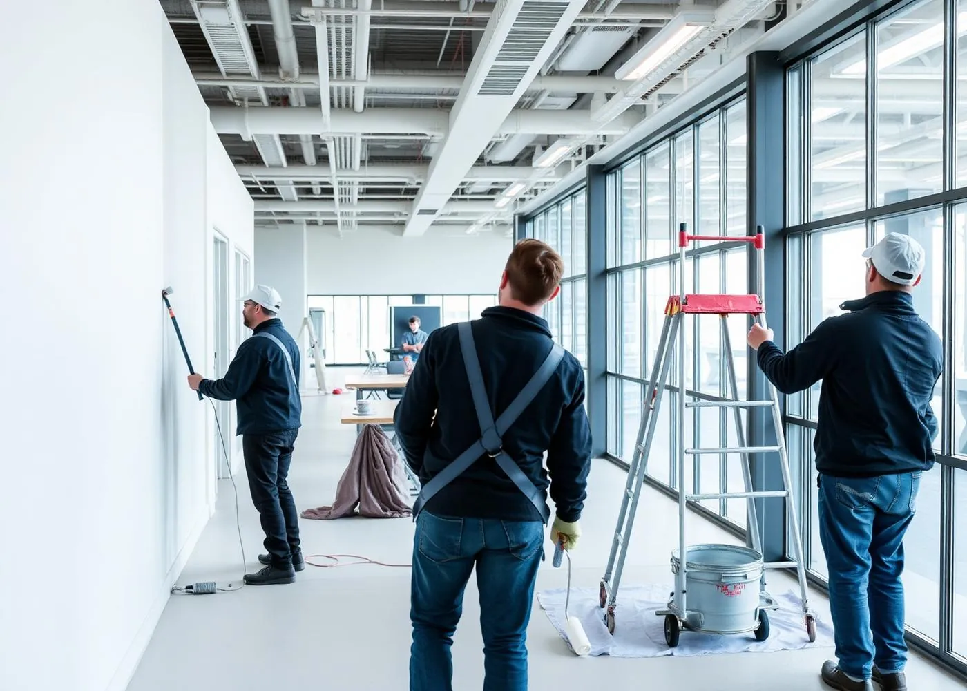 Commercial painting crew rolling fresh paint in a modern open-plan office