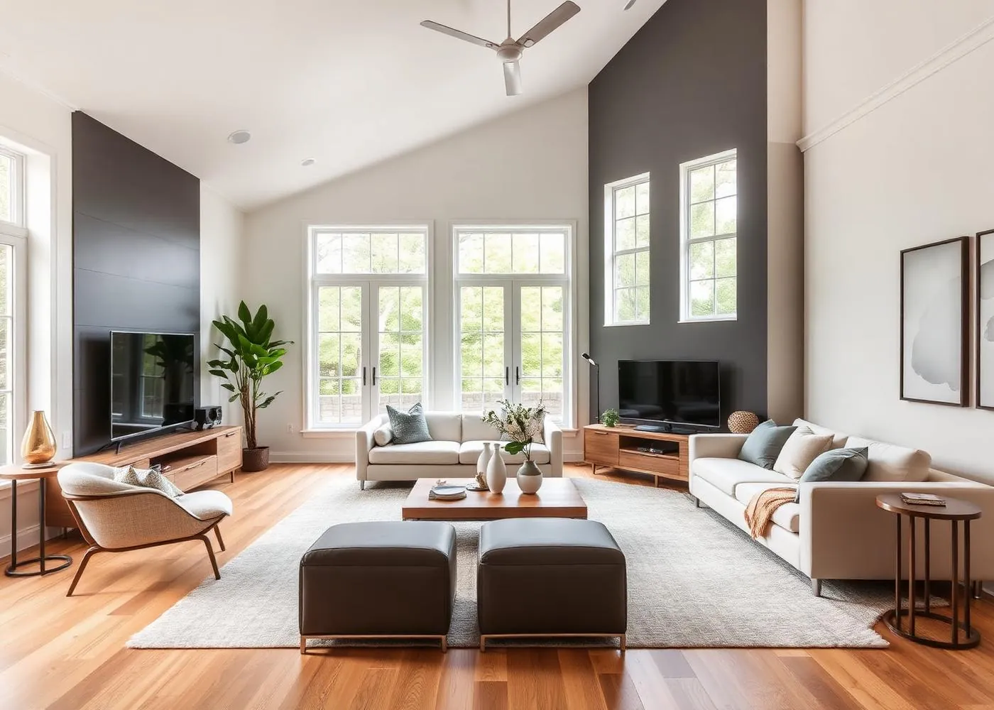 Living room with freshly painted warm white walls and a charcoal accent wall